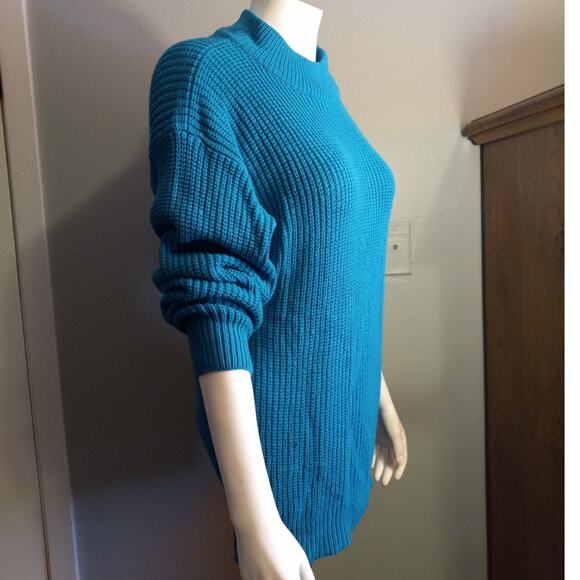 Vntg 80s Turquoise Emerald Green Chunky Knit Sweater Cozy Core Dopamine Dressing - Picture 8 of 10